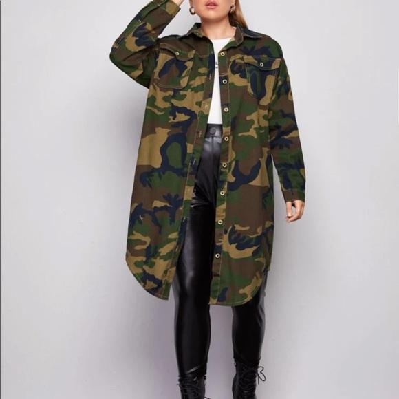 Plus size camouflage pocket button denim coat - Picture 4 of 5